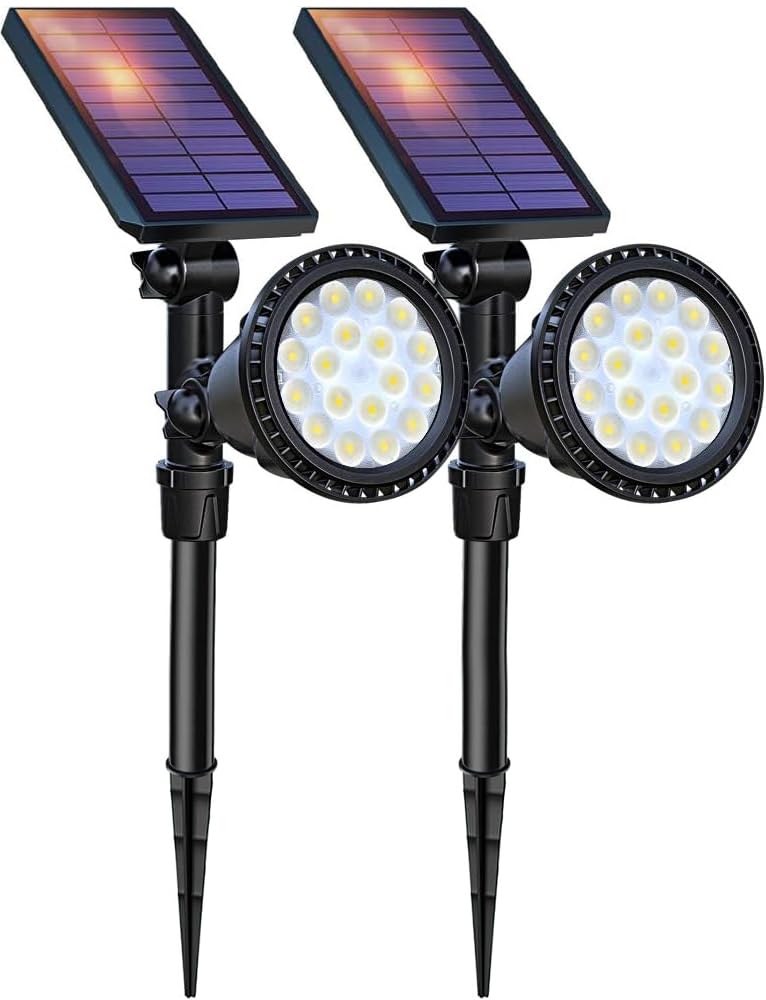 DBF Solar Spot Lights Outdoor, IP65 Waterproof, Cool White, 600LM High Bright, 2 Brightness Modes, 18 LED, Auto On/Off, Angel Adjustable for Flag Pole Garden Yard Patio Driveway Tree, 2 Pack - Image 1
